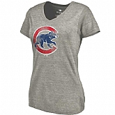 Women's Chicago Cubs Fanatics Branded Primary Distressed Team Tri Blend V Neck T-Shirt Heathered Gray FengYun,baseball caps,new era cap wholesale,wholesale hats